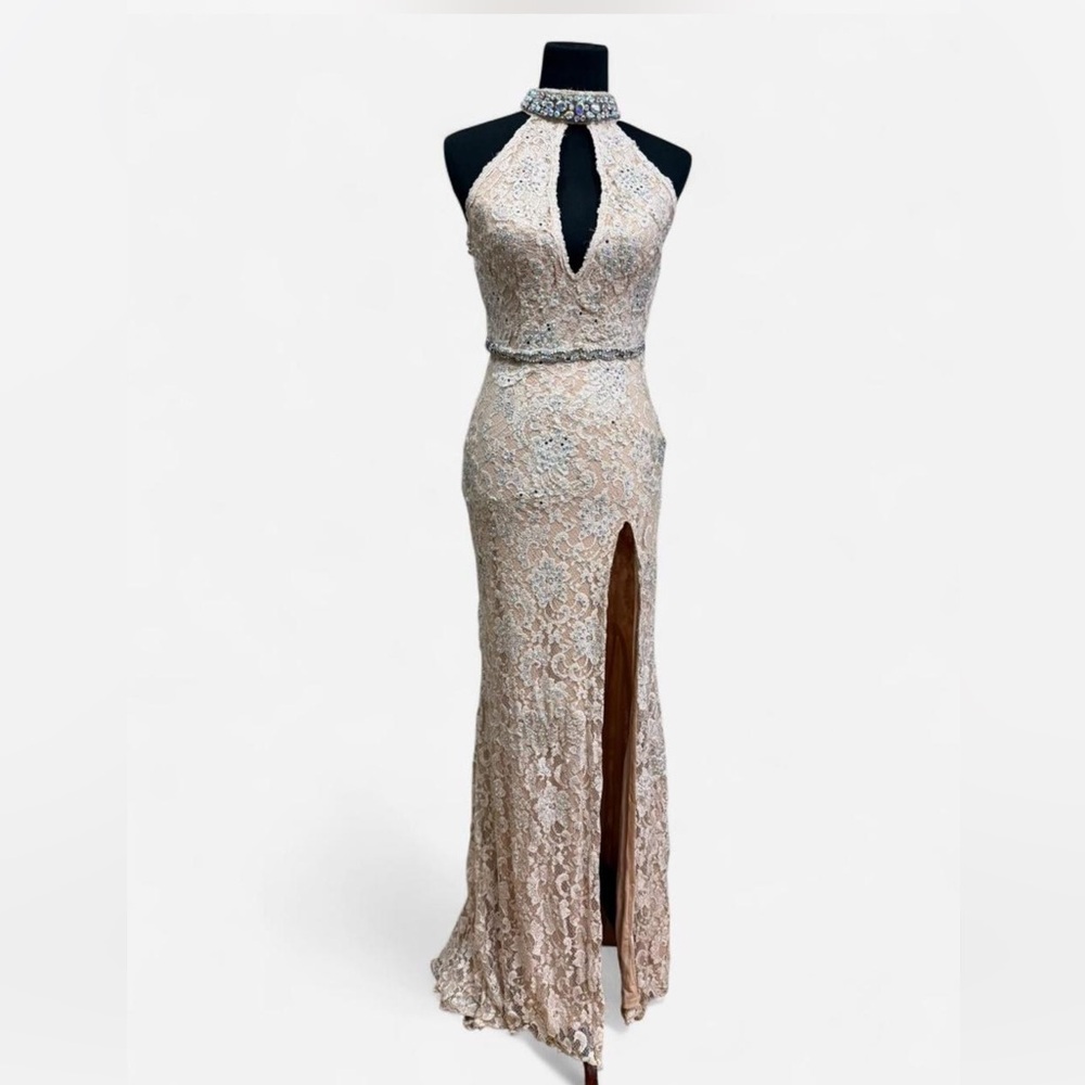 Jovani Champagne Lace Halter Two-Piece Prom Gown with Beaded Collar